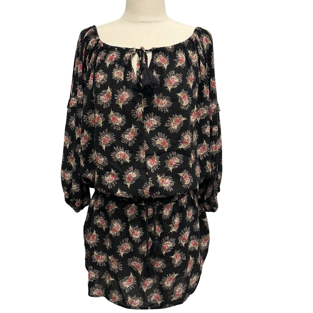 Denim & Supply Ralph Lauren Black Floral Paisley Boho Tassel Mini Dress Small